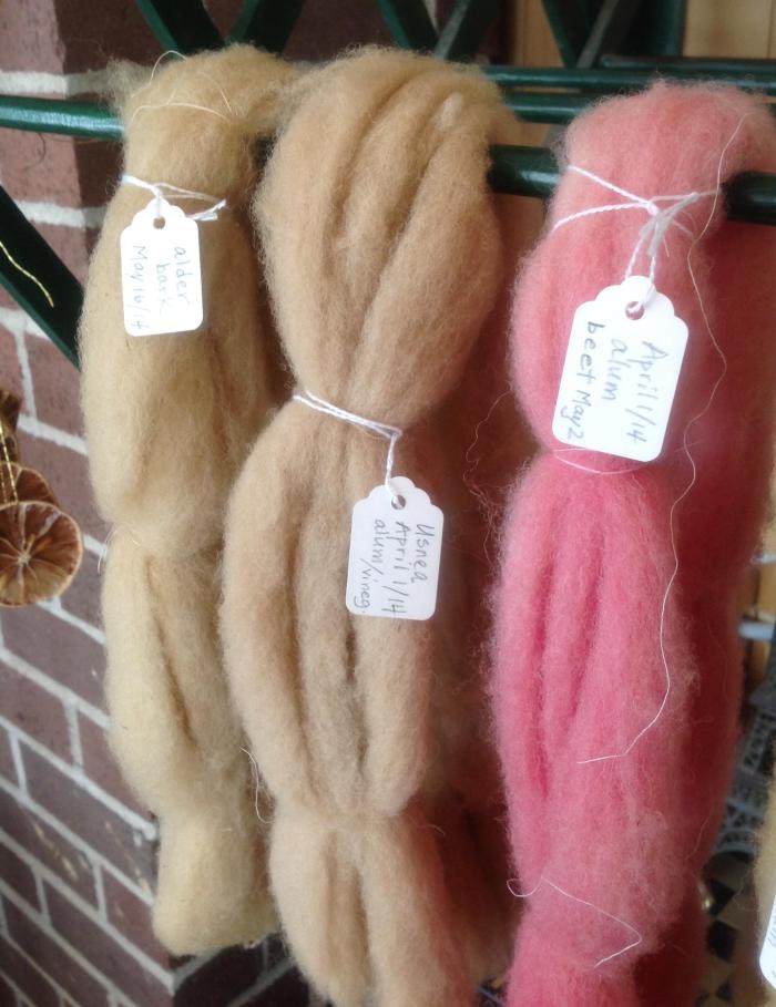 wool dyed with ( left to right) alder bark, lichen and beets