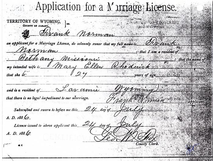 Marriage Licence Application for Frank Norman and Ella Hawk (Mary E. Rhoderick)