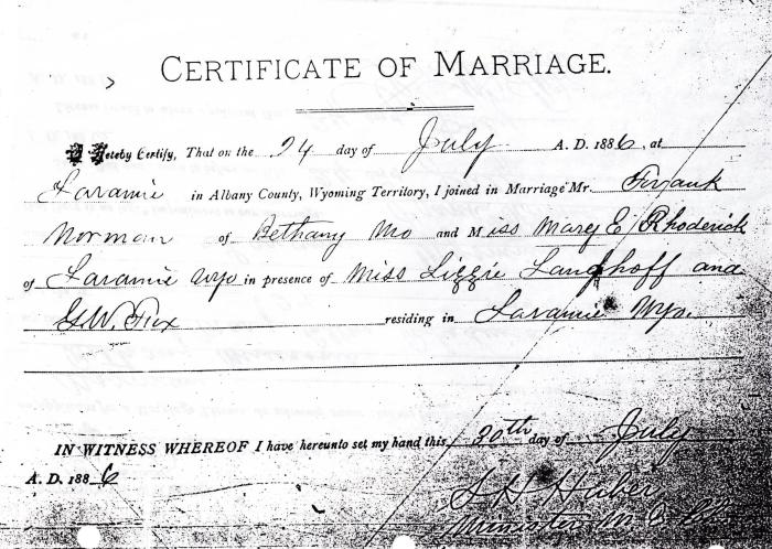 Certificate of Marriage for Frank Norman and Mary E. Rhoderick