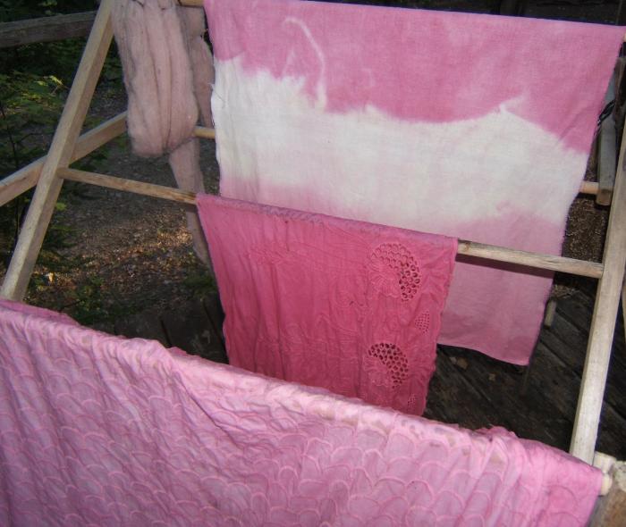 back left to front: wool, linen, cotton and another cotton, dyed with blackberries