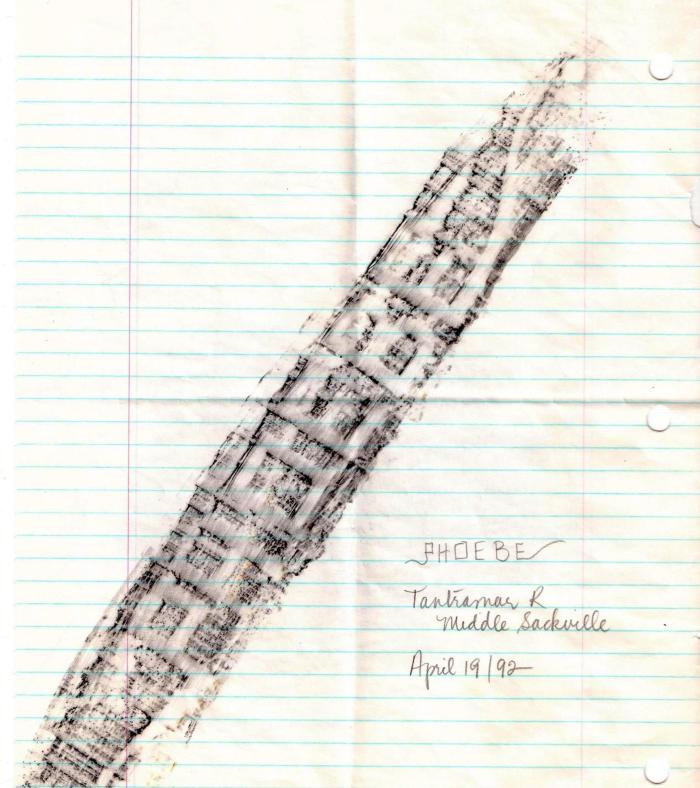 Carving of the name Phoebe on a beam of the Tantramar #2 Covered Bridge near Sackville, New Brunswick